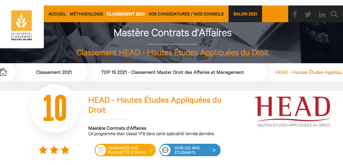 HEAD classement eduniversal contrats